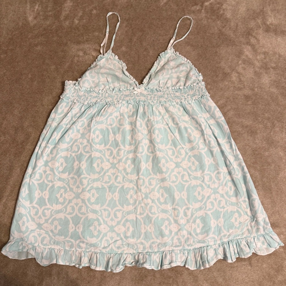 Mud Pie Blue White Damask Cotton Ruffle Smocked Babydoll Sleep Camisole Top M